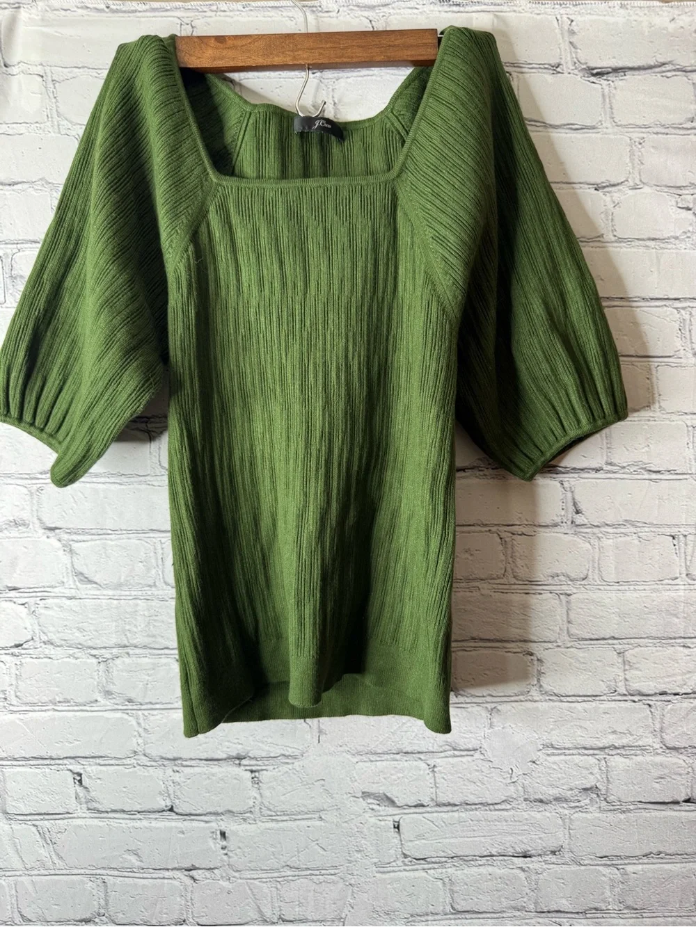 J. Crew Olive Green Square Neck Puff Sleeve Sweater size medium